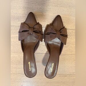 Larroude Chocolate Brown Pointed Bow Slip-On Mules